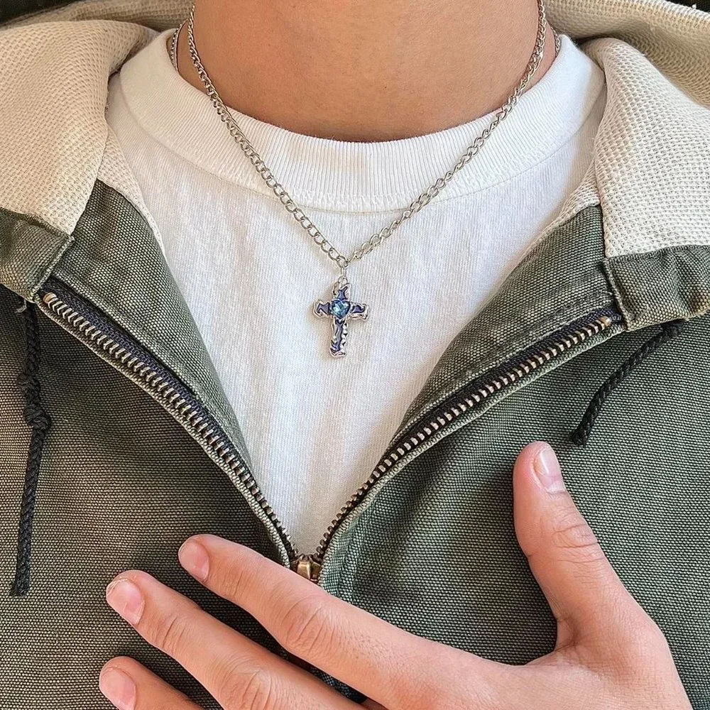 y2k 2000s grunge crystal cross pendant necklace